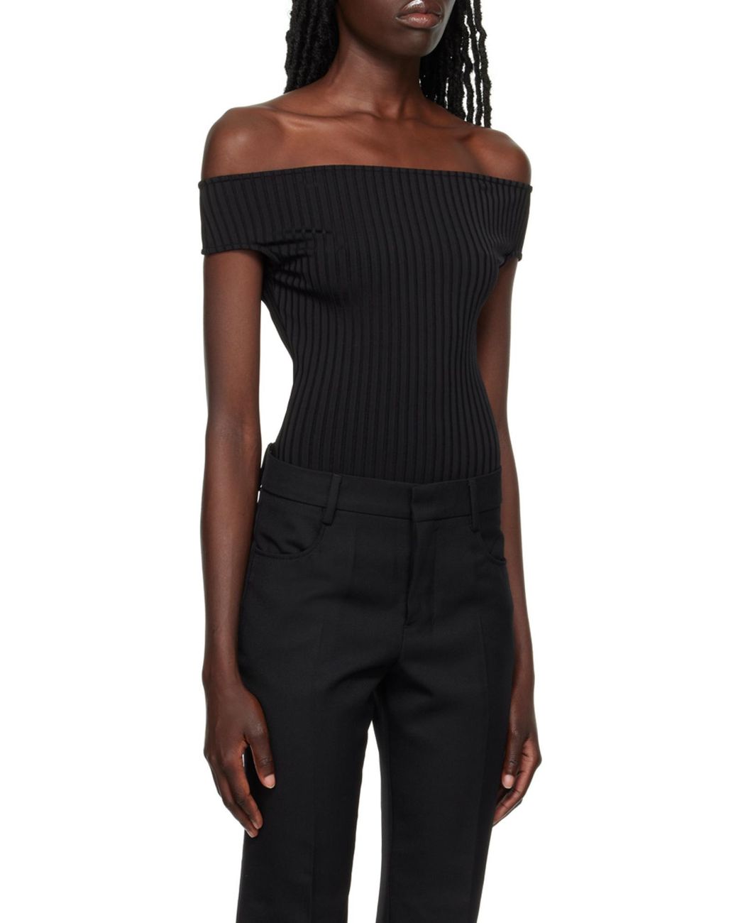 AMI Black Ami Off-Shoulder Ribbed Knit Bodysuit