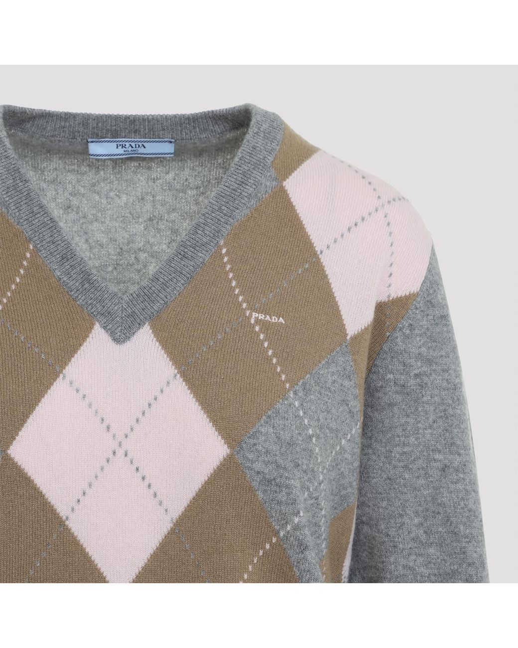 Prada Gray Argyle V-Neck Knitted Jumper