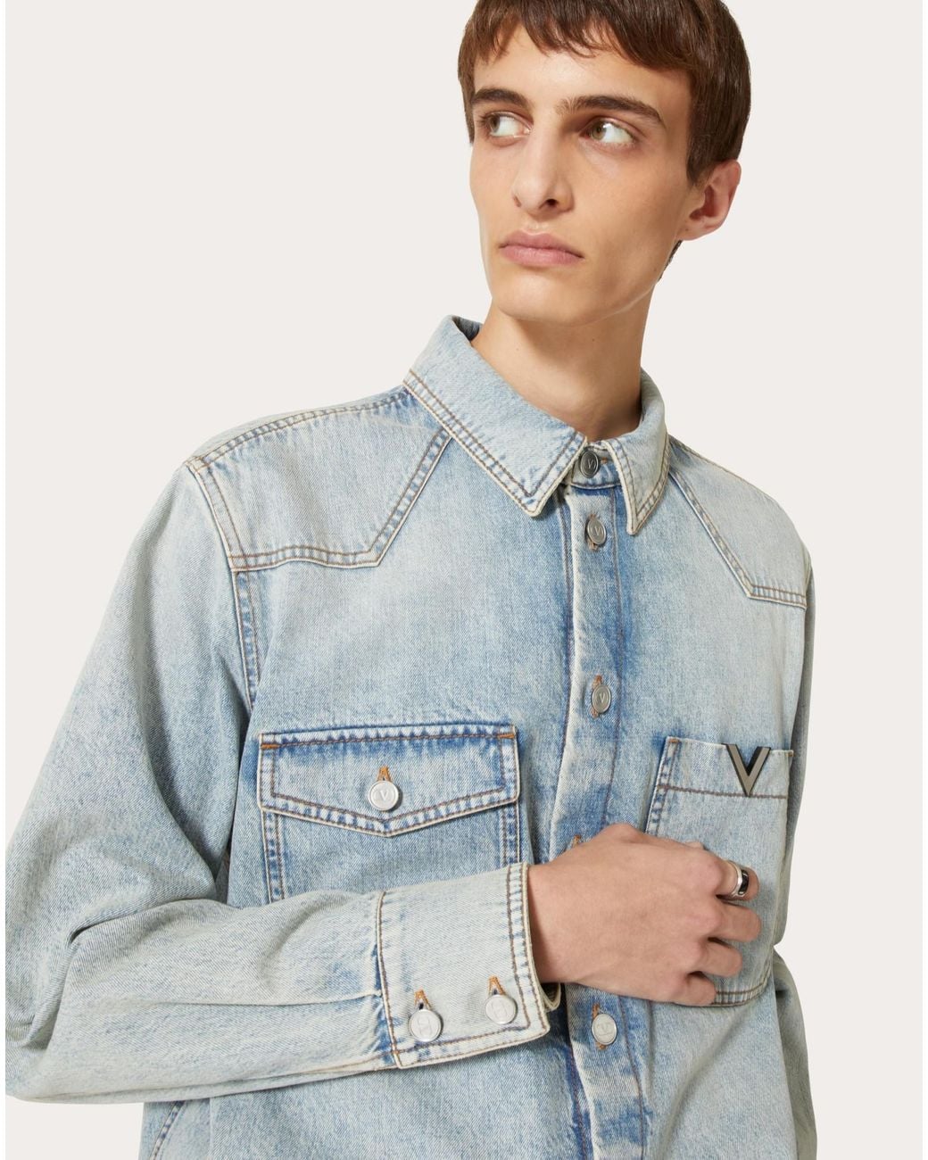 Valentino Blue Logo Plaque Long-Sleeved Denim Shirt for men