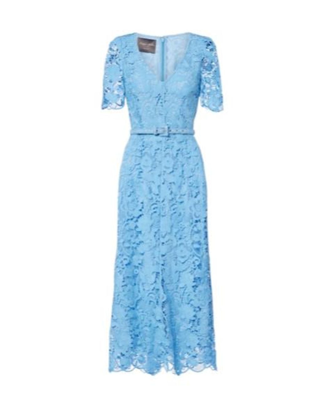 Monique Lhuillier Blue Belted Lace Midi Dress