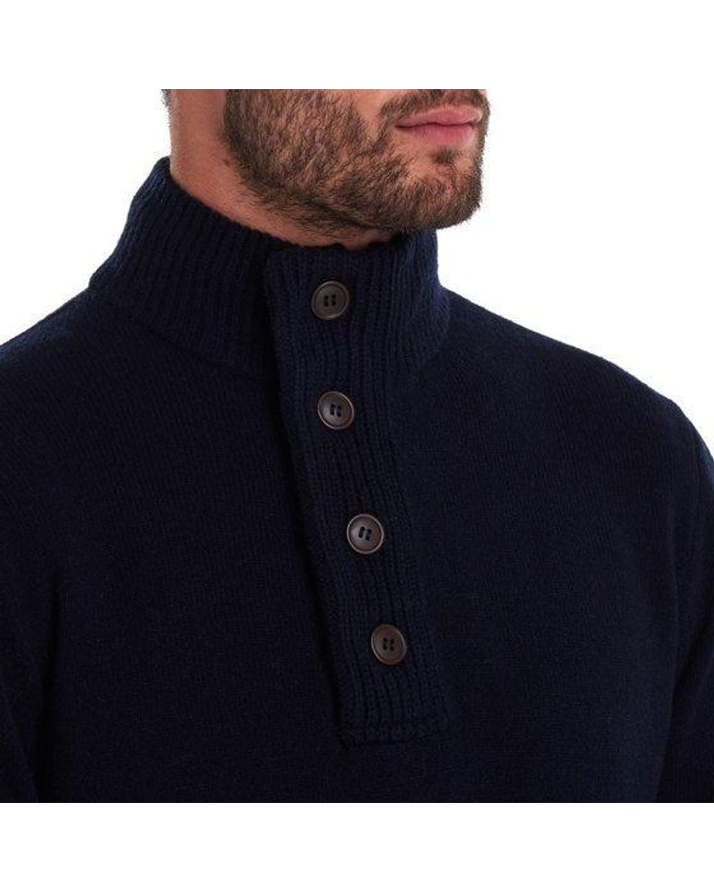 Barbour Blue High-Neck Half Buttoned Knit Jumper for men