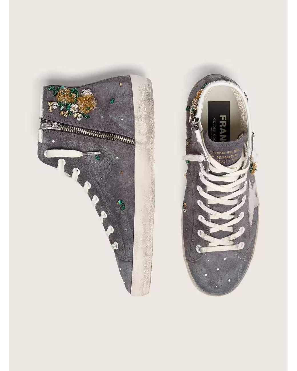Golden Goose Deluxe Brand Brown Francy Suede Upper With Crystals And Flowers-Beads Embroidery Leather Star