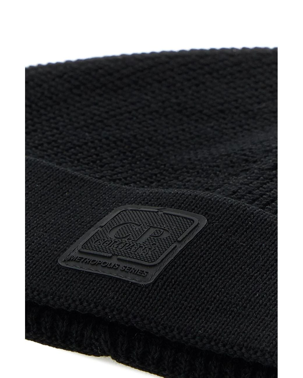 C P Company Black Metropolis Series Logo Beanie Hat for men