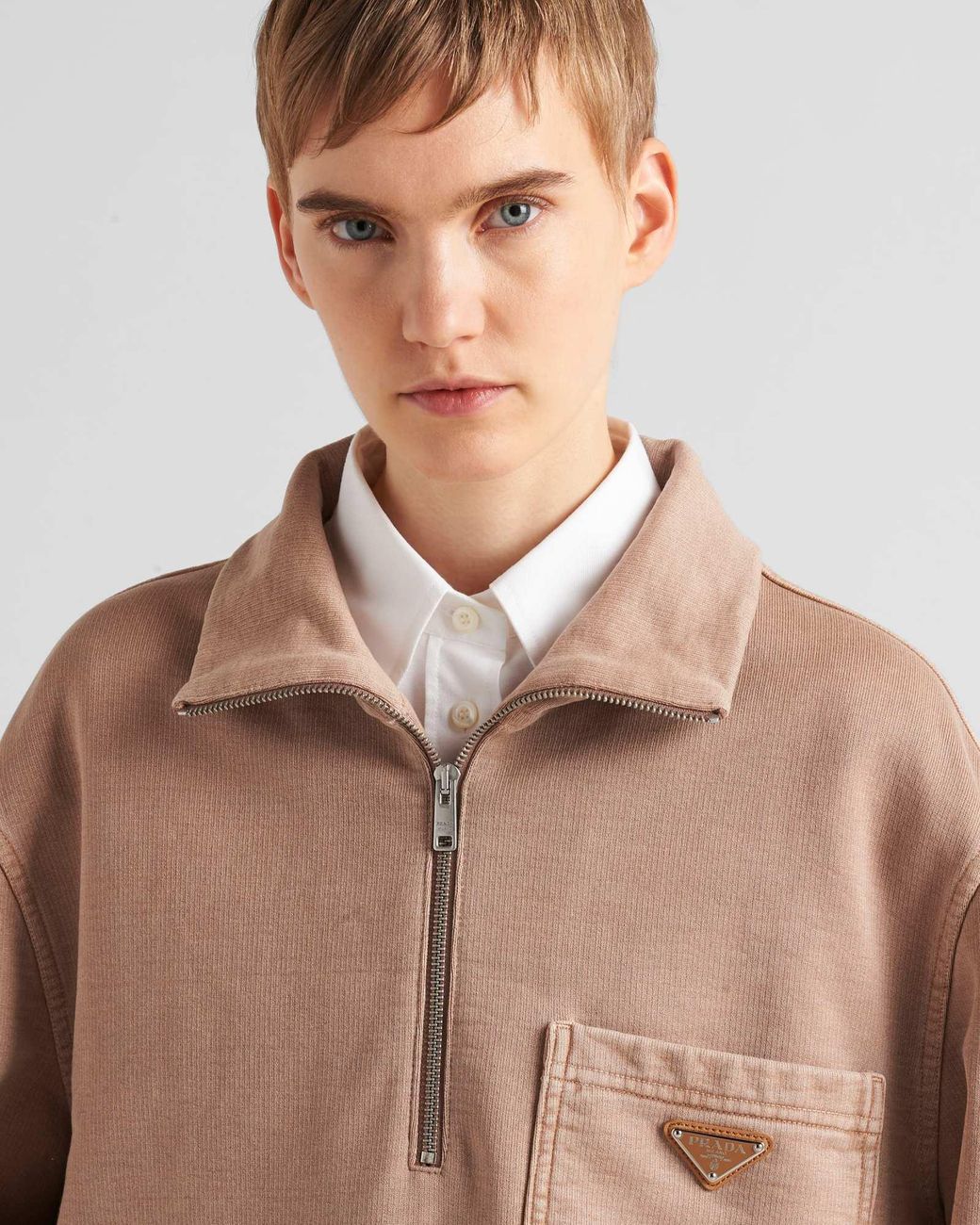 Prada Brown Turtleneck Cotton Fleece Blouson Jacket