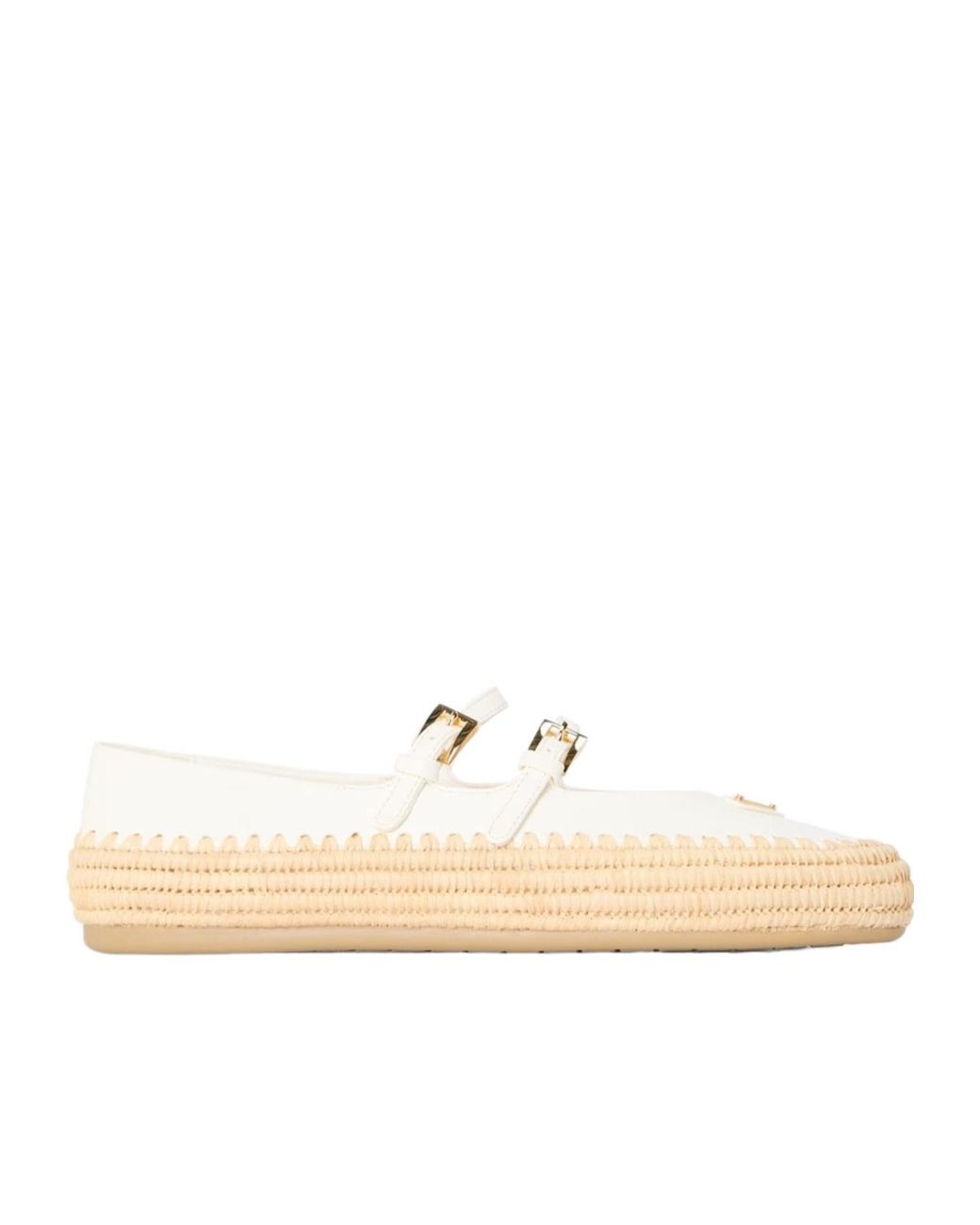 Prada Natural Nappa Leather And Raffia Ballerinas