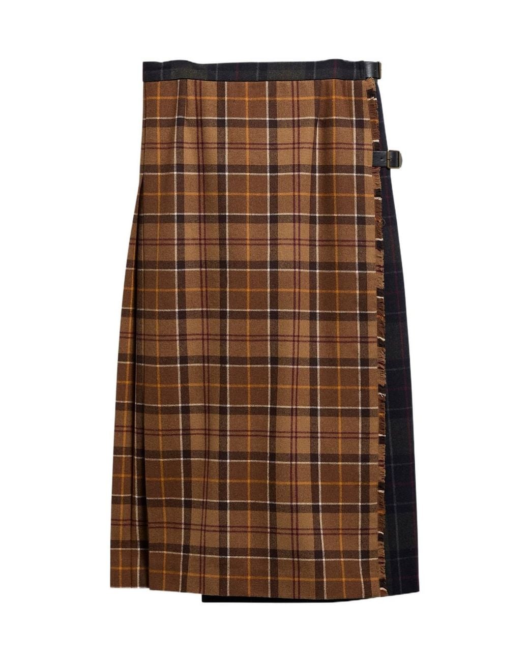 Barbour Brown Pleated Checked Flannel Midi Skirt