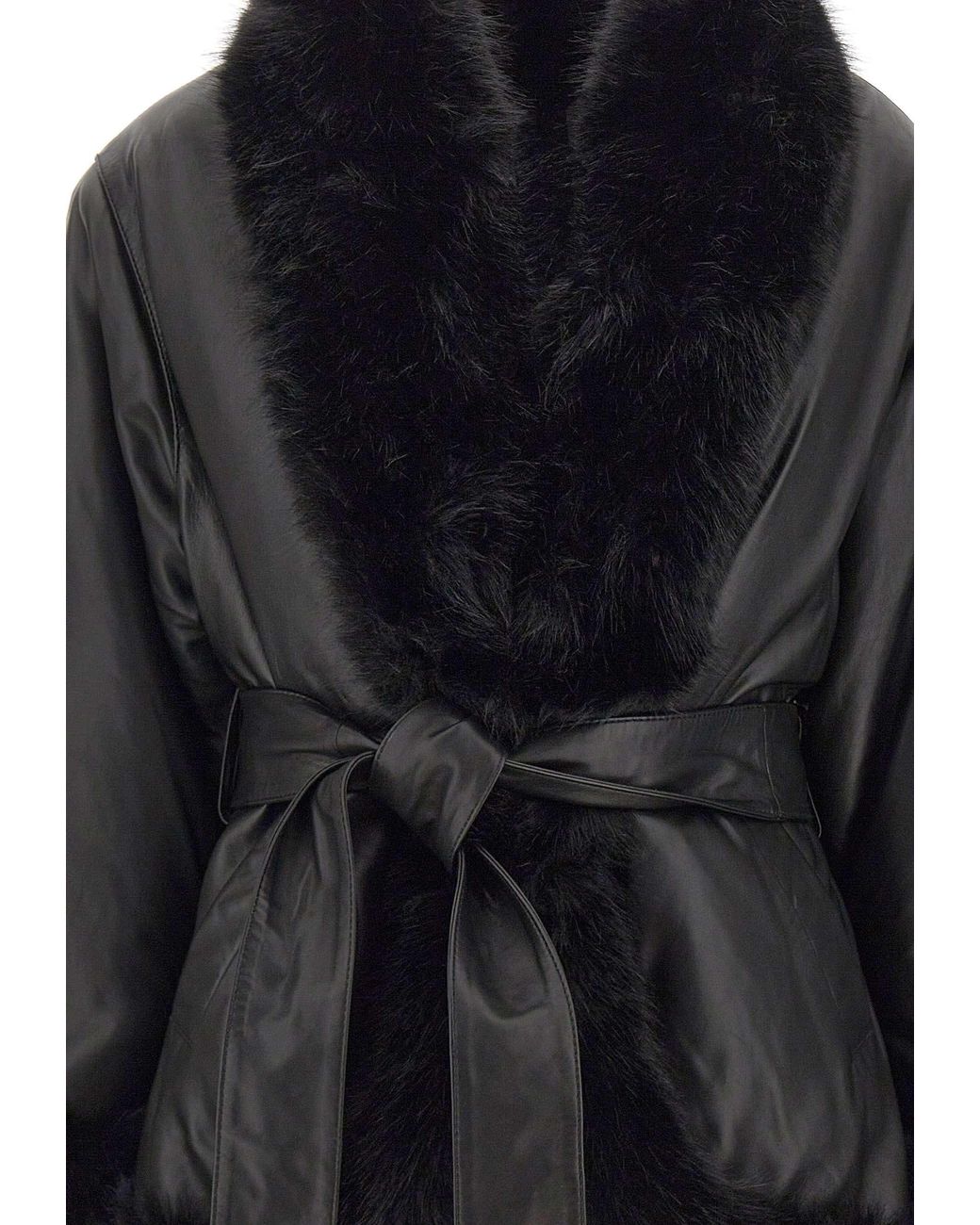 ROTATE BIRGER CHRISTENSEN Black Belted Faux Fur Trim Leather Jacket