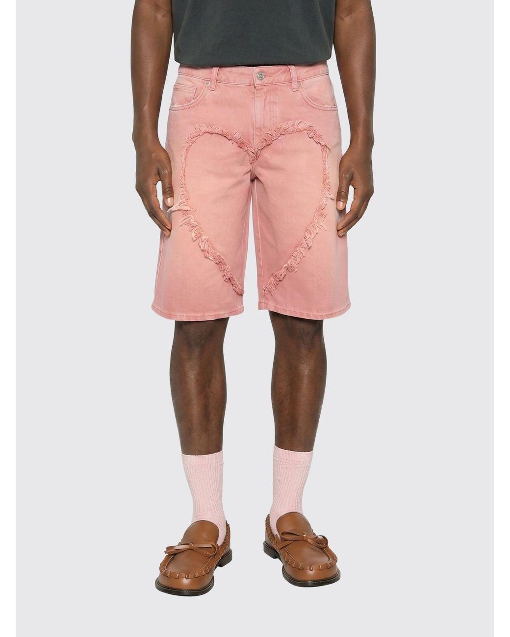 Carne Bollente Pink Frayed Heart-Motif Shorts for men