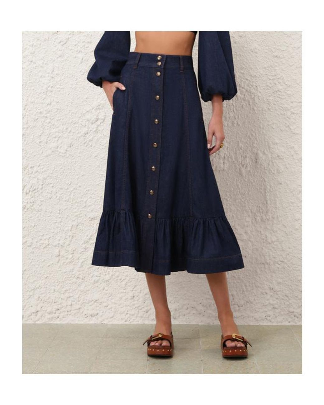 Zimmermann Blue Aster Denim Frill Midi Skirt
