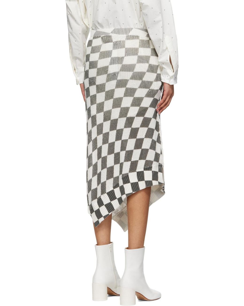 MM6 by Maison Margiela White Checkerboard-Pattern Asymmetric Skirt