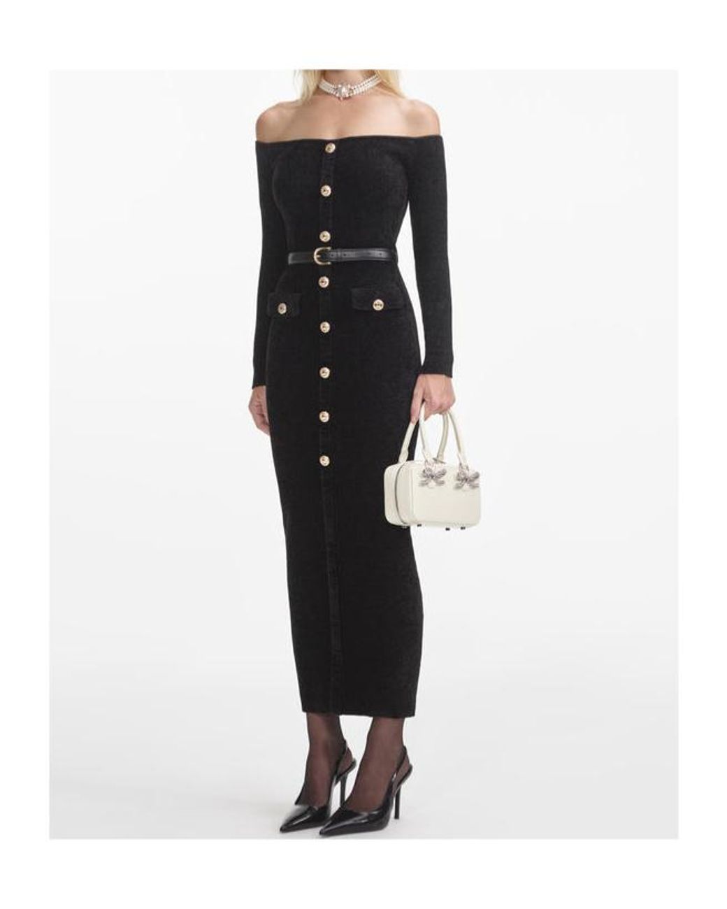 Self-Portrait Black Chenille Knit Midi Dress