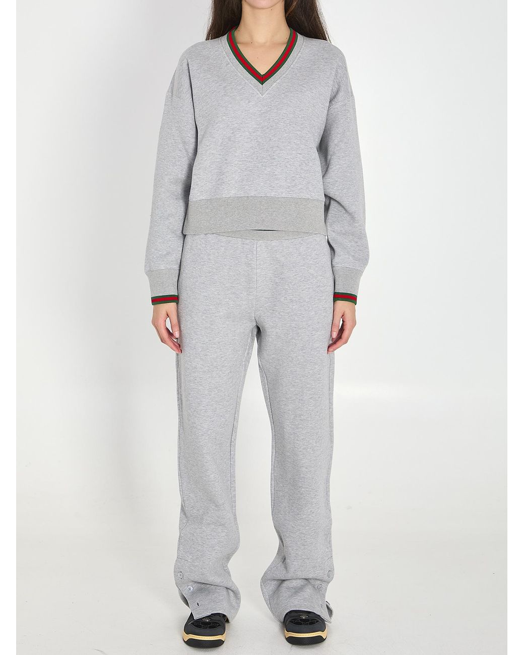 Gucci Gray Web Jersey V-Neck Sweatshirt
