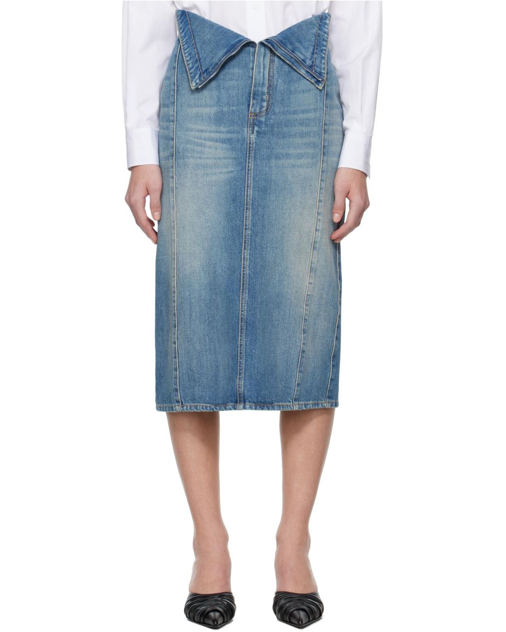 McQueen Green Fold Over Waist Denim Skirt