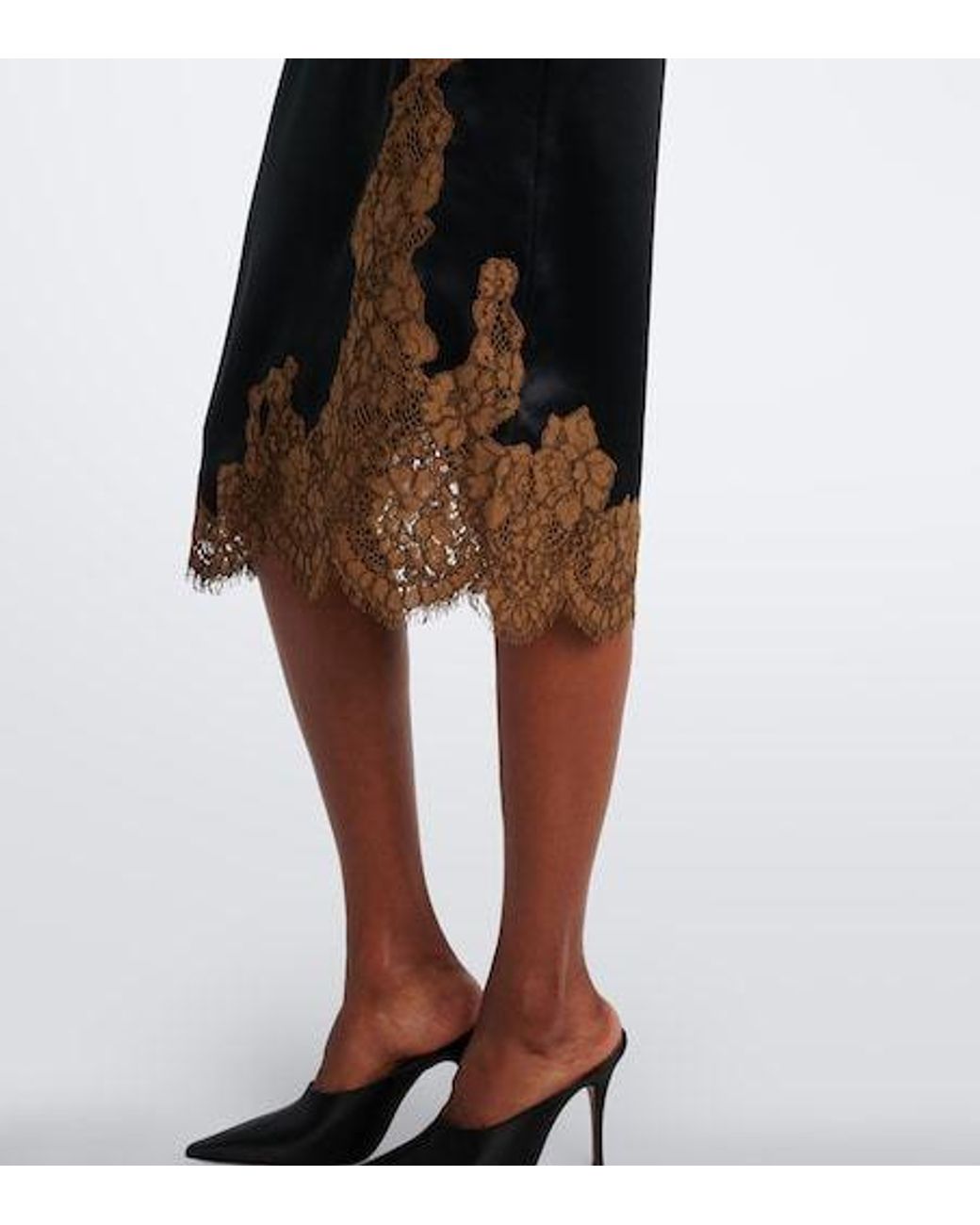 Dorothee Schumacher Black Shiny Statement Lace-Trimmed Satin Midi Skirt