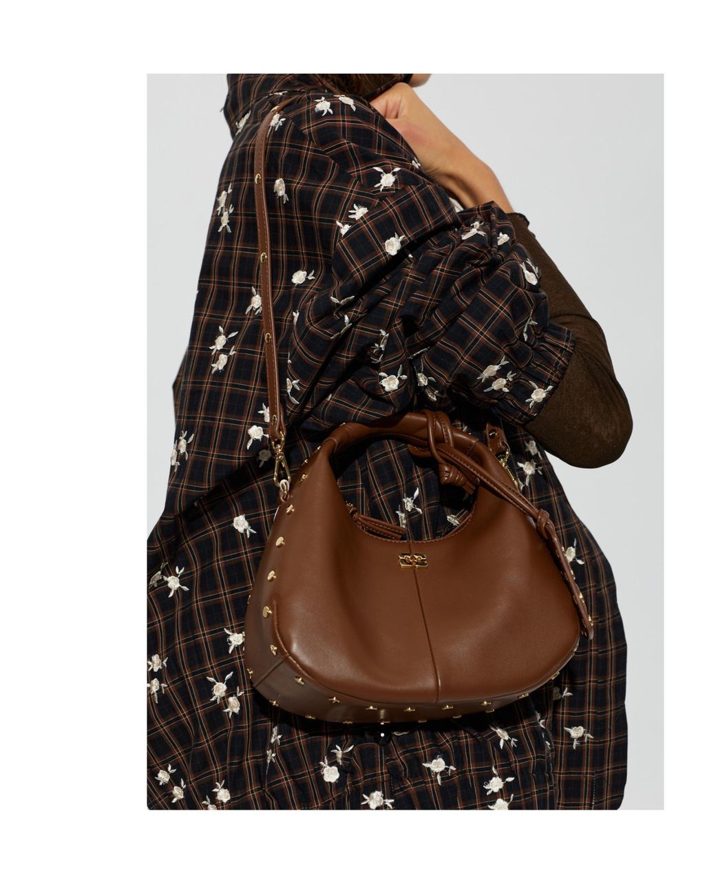 Ganni Brown Stud-Embellished Mini Hobo Bag