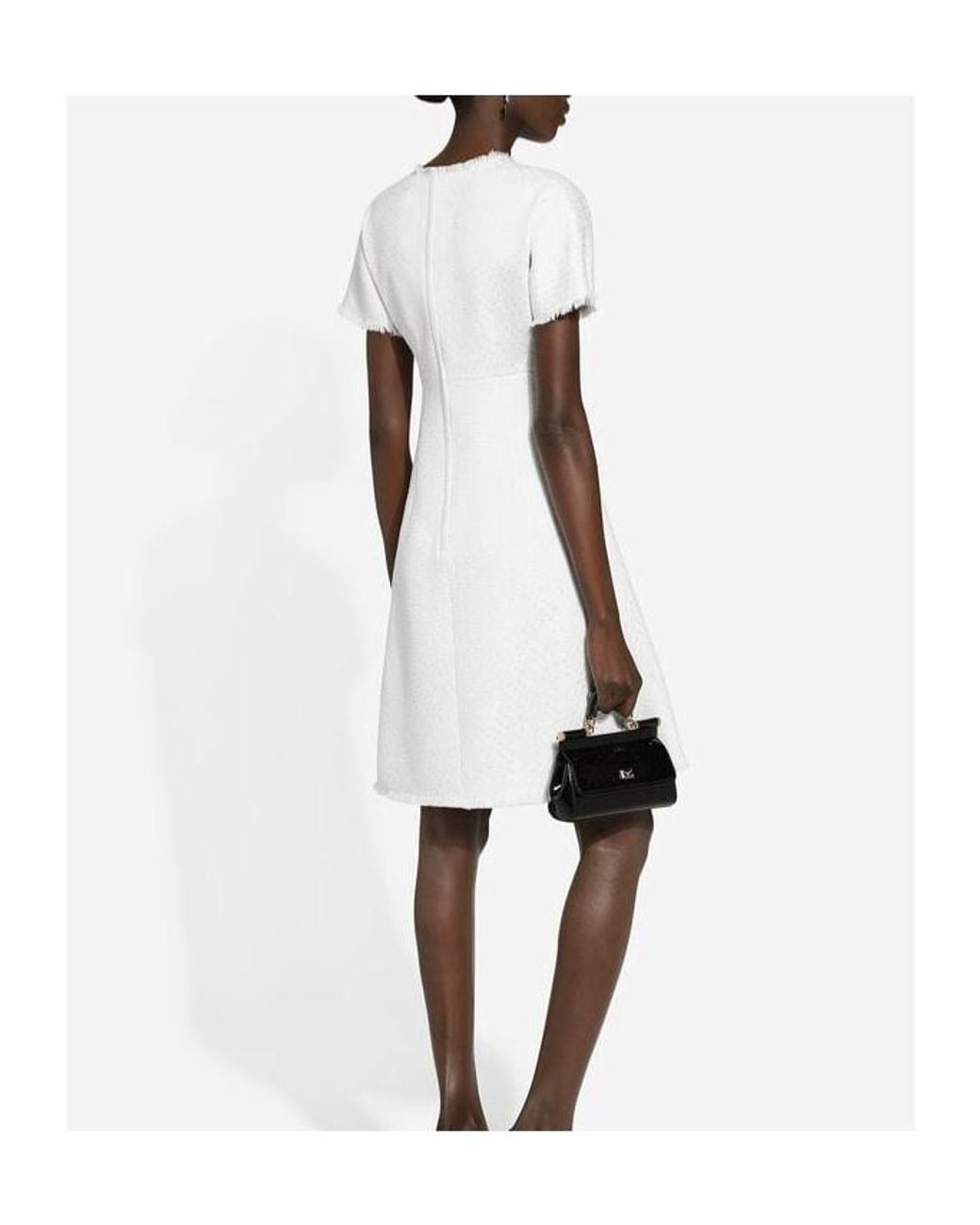 Dolce & Gabbana White Dg Logo Plaque Raschel Tweed Midi Dress