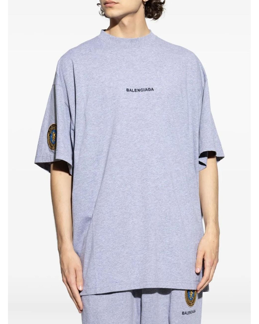 Balenciaga Gray Logo Embroidered Crewneck T-Shirt for men