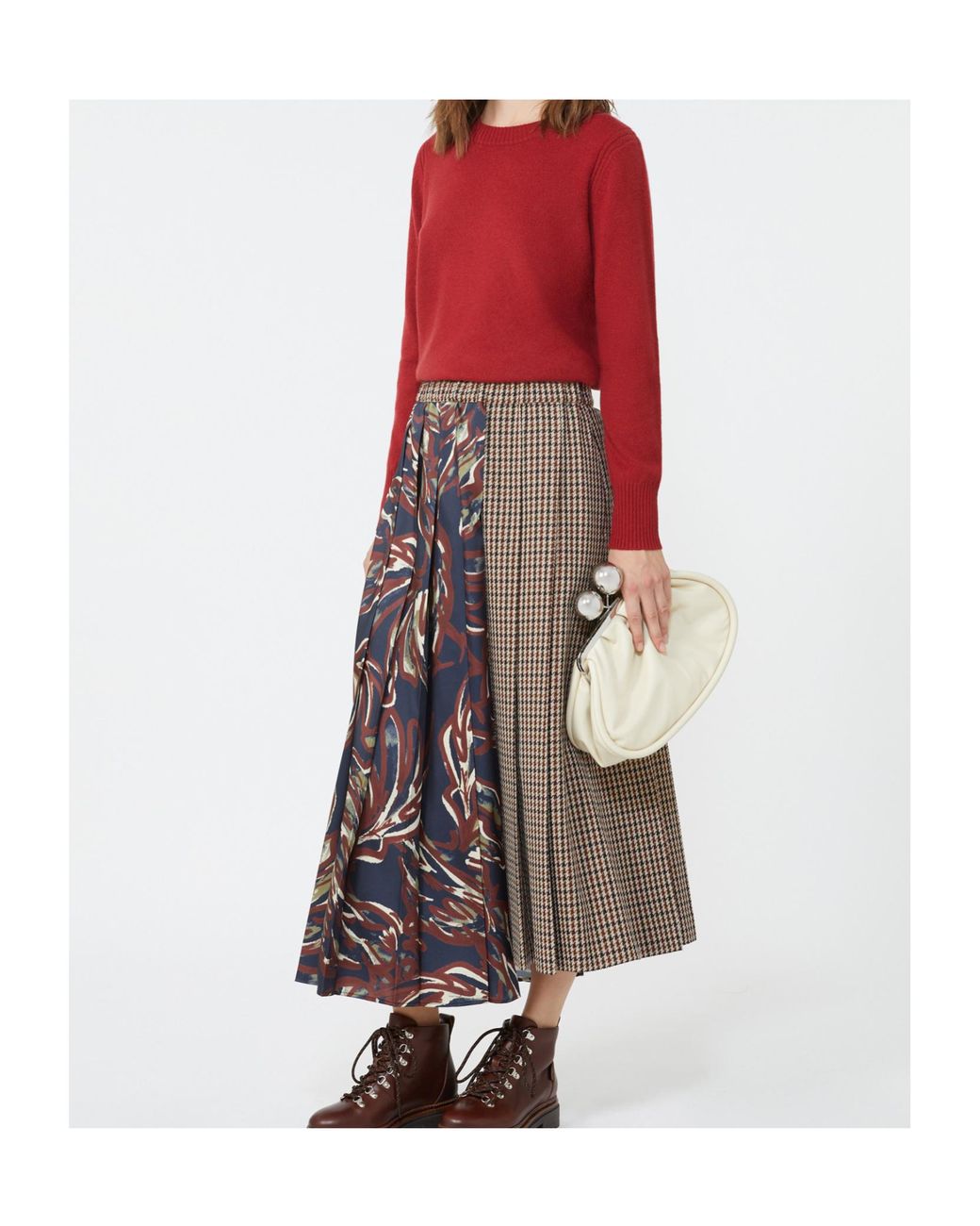 Weekend by Maxmara Brown Houndstooth Wool Pleated Skirt