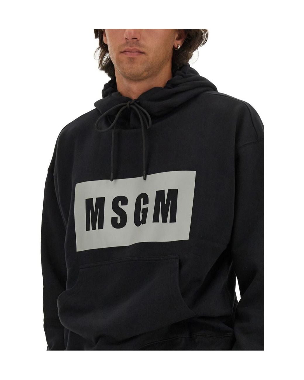 MSGM Black Logo Printed Drawstring Hoodie for men