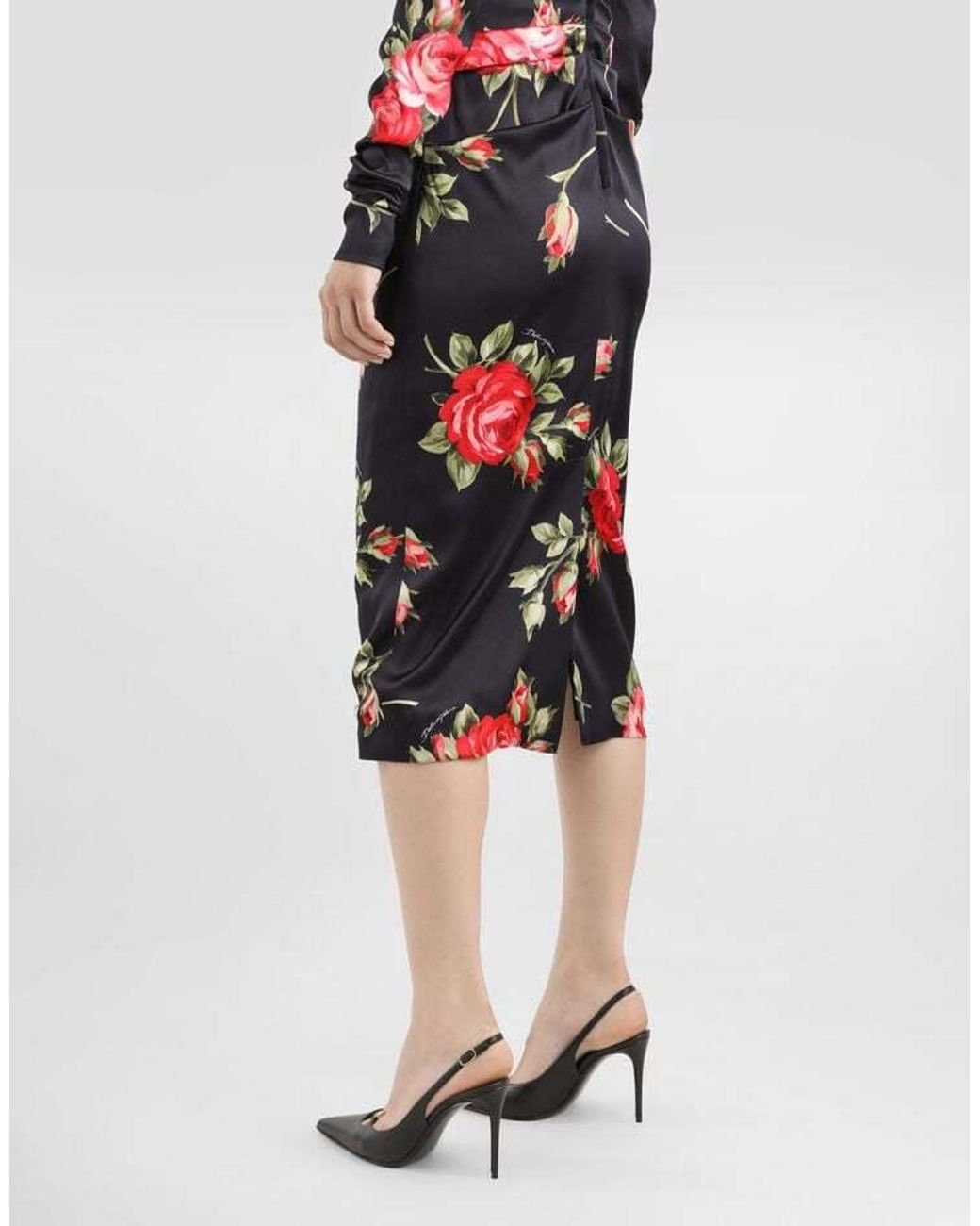 Dolce & Gabbana Red Ruched Floral Midi Dress