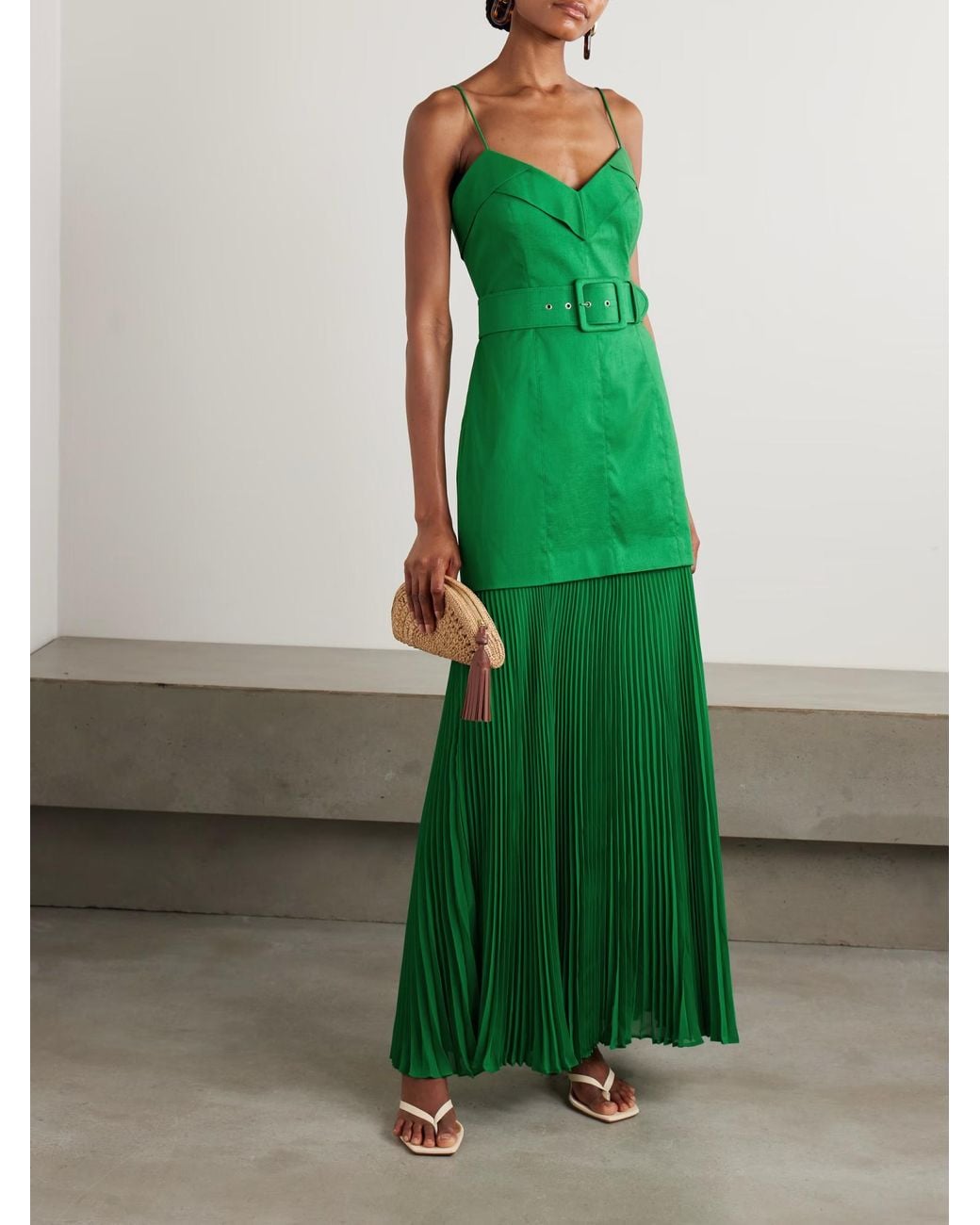 Rebecca Vallance Green Bailey Belted Pleated Crepe Maxi Dress