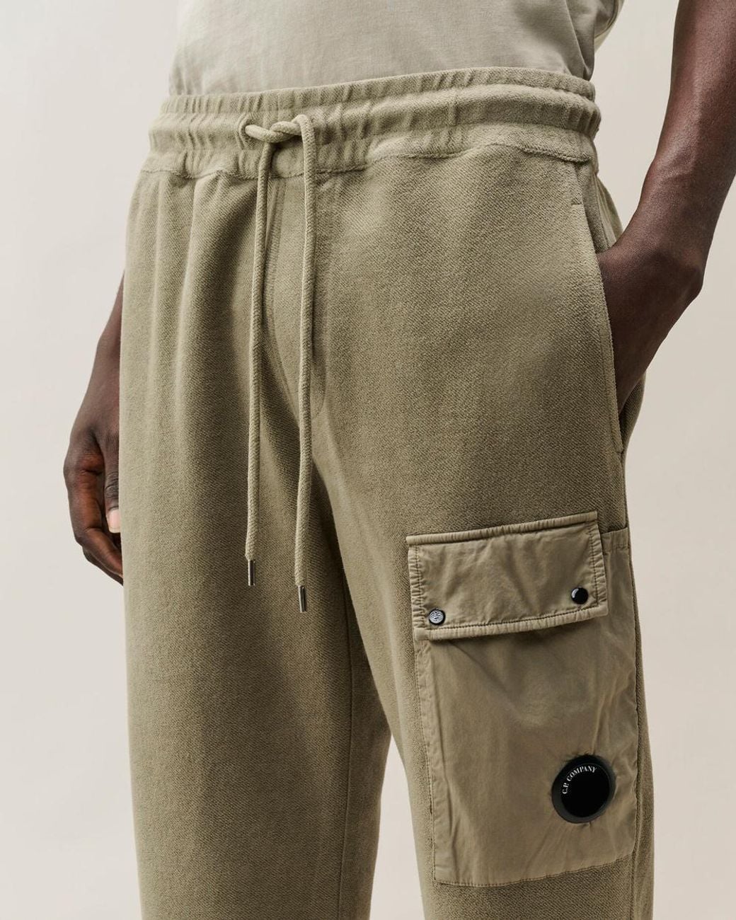 C P Company Green Brushed Emerized Diagonal Fleece Cargo Lens Sweatpants for men