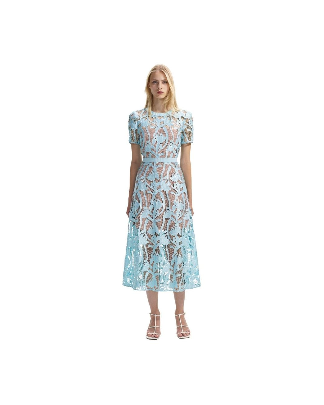 Self-Portrait Blue Lace Short-Sleeved Midi Dress