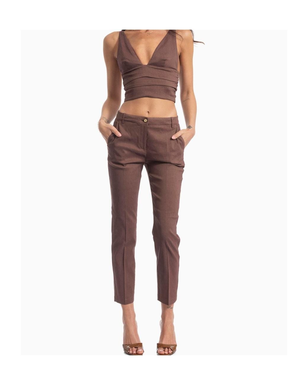 Pinko Brown V-Neck Cropped Top