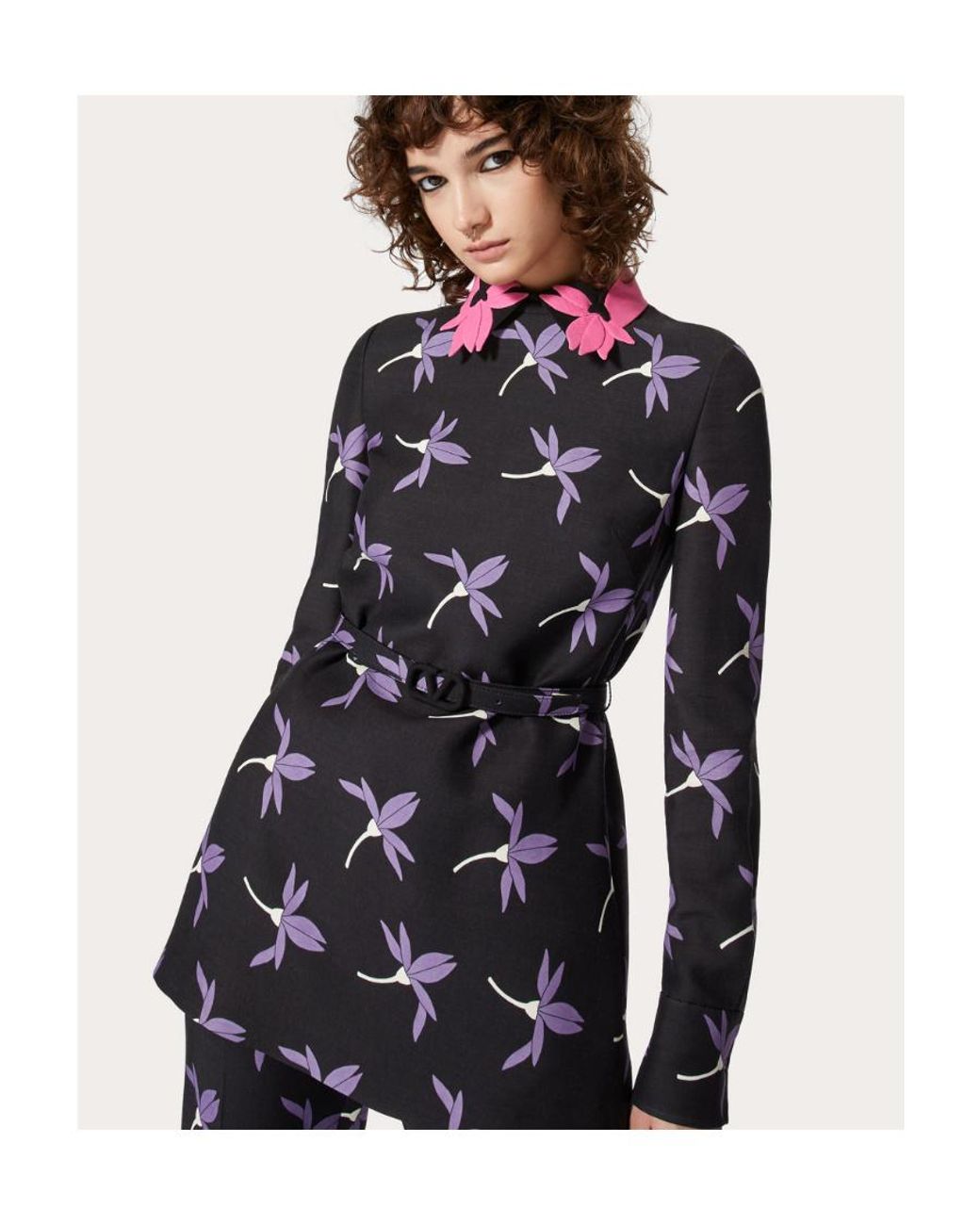 Valentino Black Fairy Flowers Printed Belted Long-Sleeved Shirt