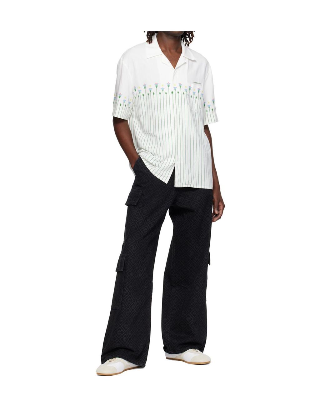 Casablanca White Floral-Stripe Short-Sleeve Buttoned Shirt for men