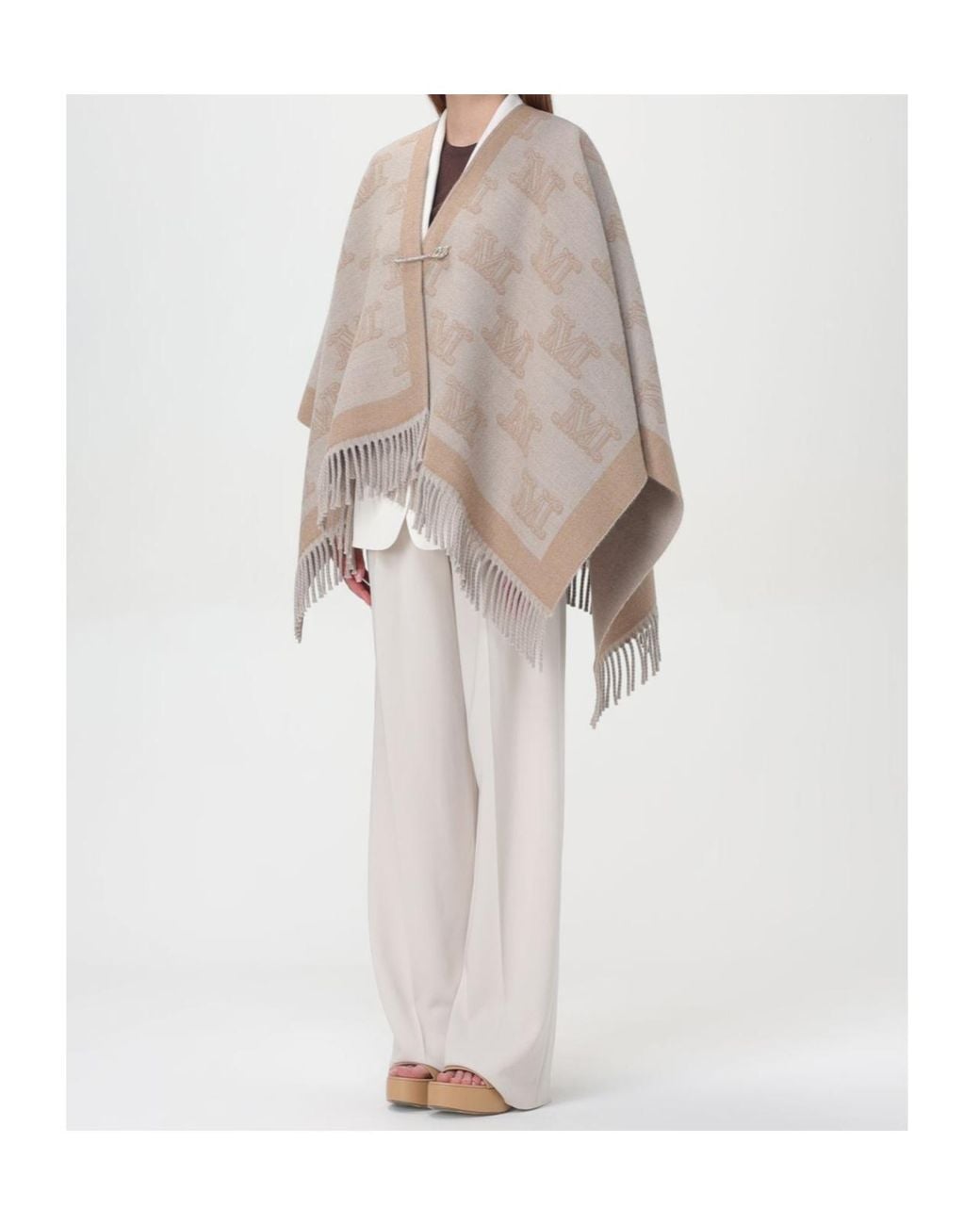 Max Mara Gray Studio All-Over Logo Patterned Fringed Edge Cape