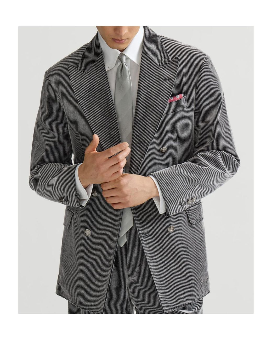 Brunello Cucinelli Gray Frosted Cotton Corduroy One-And-A-Half Breasted Tailor Blazer With Metal Buttons for men