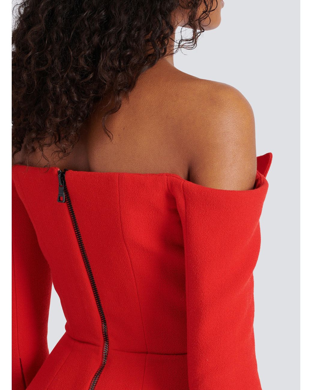 Balmain Red Off-The-Shoulder Peplum Top
