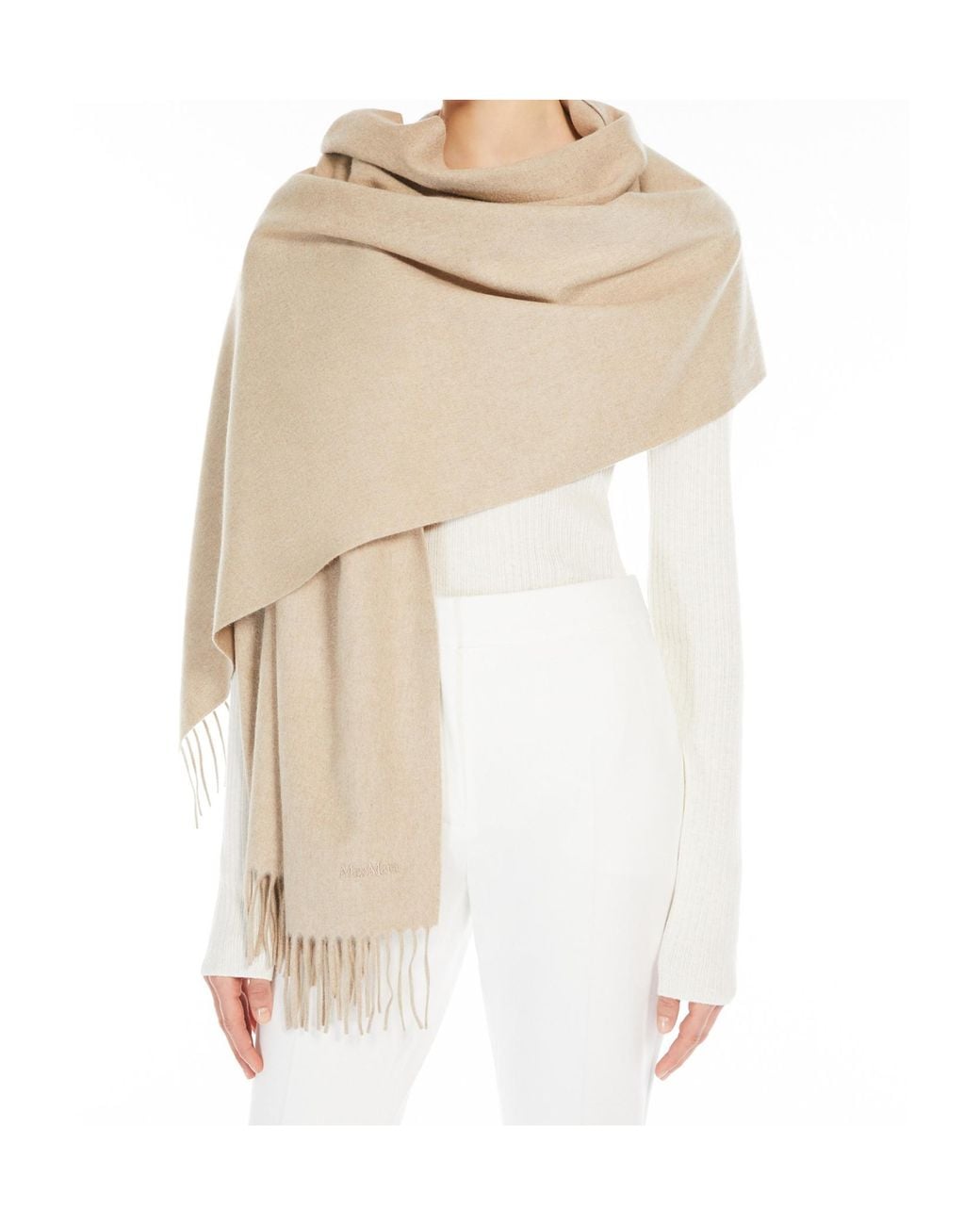 Max Mara Natural Cashmere Stole With Embroidery And Fringing