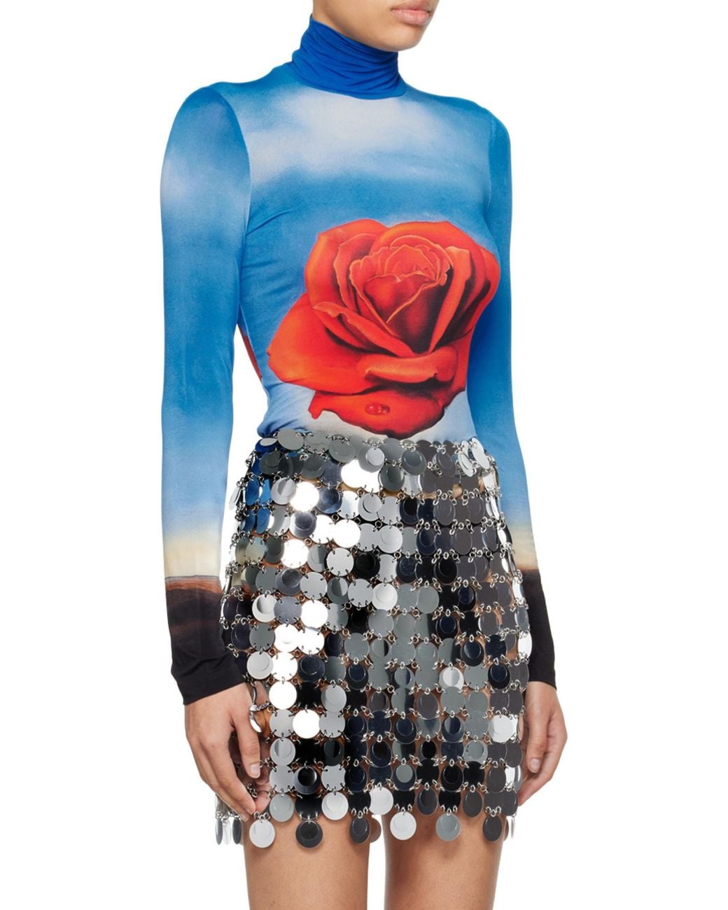 Rabanne Blue Rose Print Long-Sleeve Top