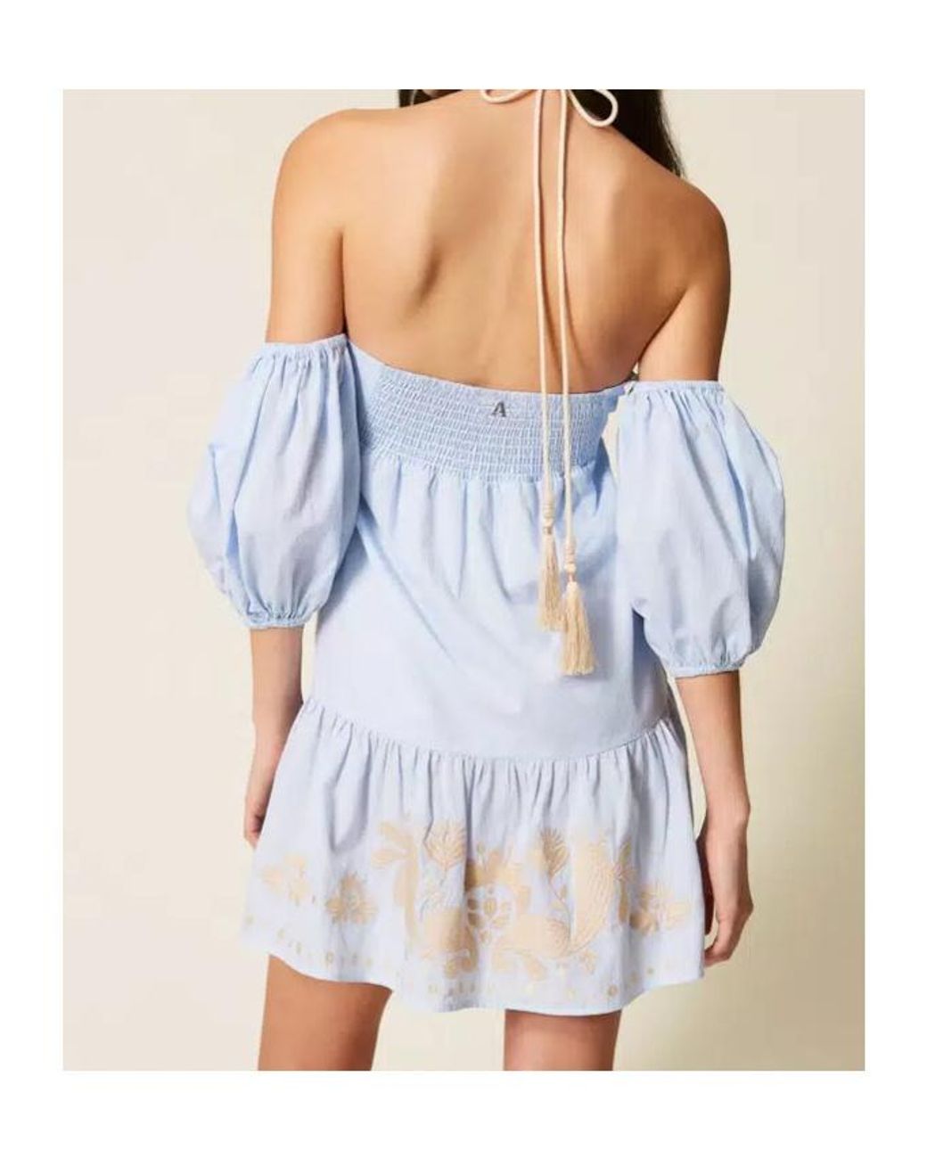 Twinset Blue Pinstripe Off-Shoulder Dress