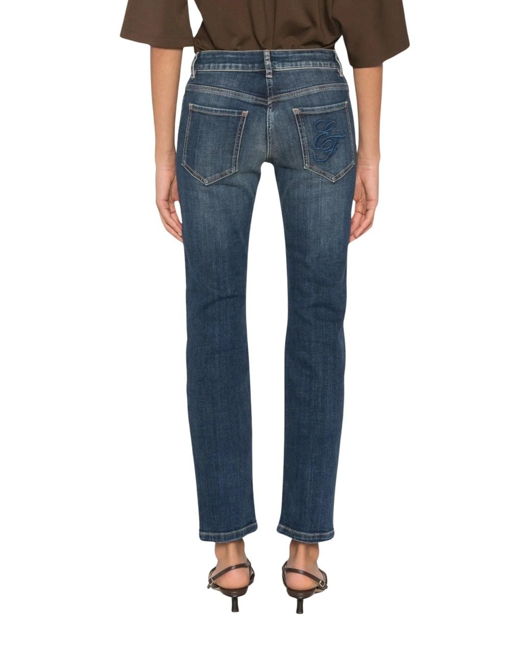 Elisabetta Franchi Blue Faded-Effect Embroidered Logo Jeans
