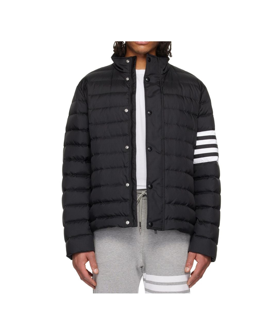 Thom Browne Black Shiny Ripstop Lightweight Down Filled-Bar Jacket for men