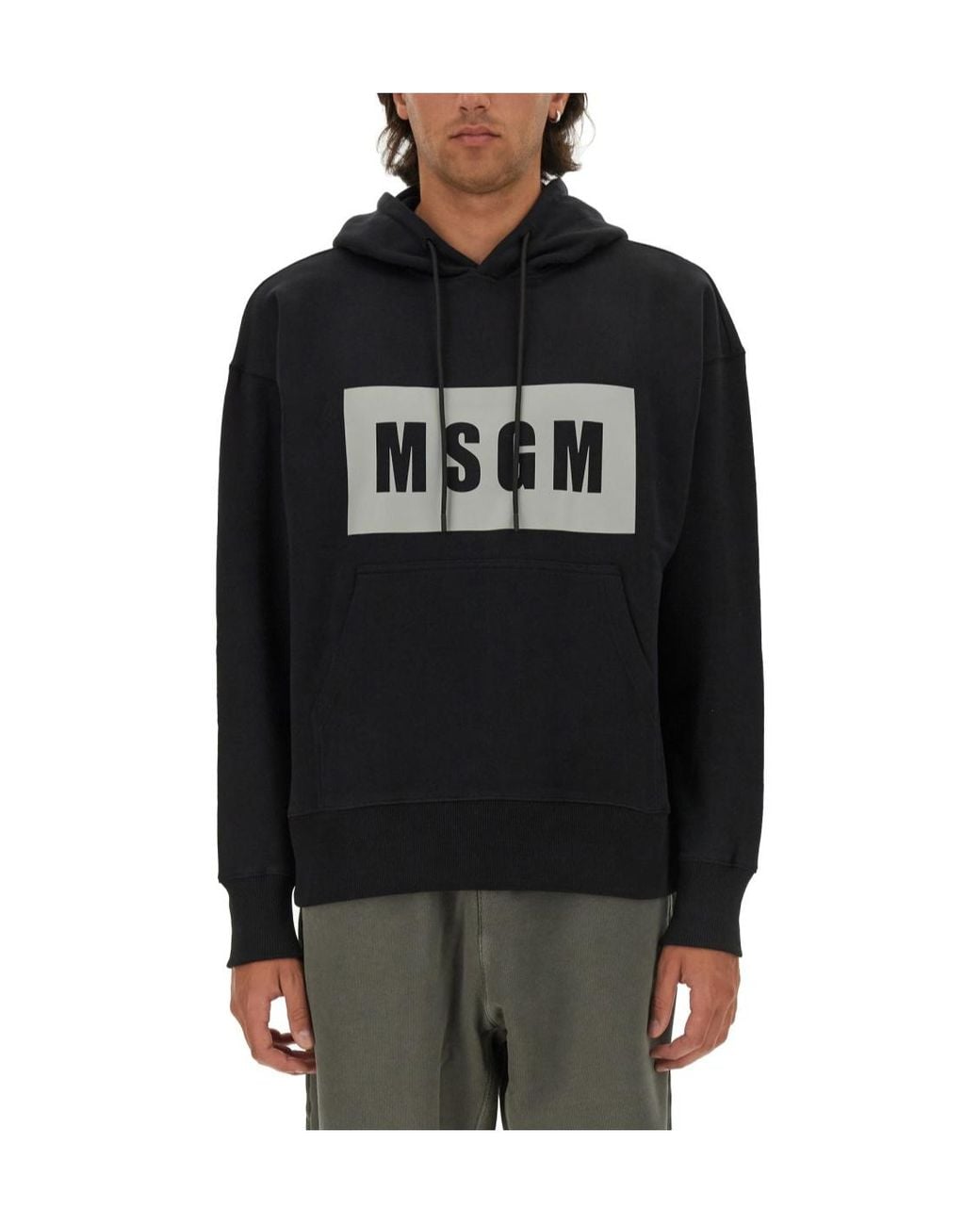 MSGM Black Logo Printed Drawstring Hoodie for men