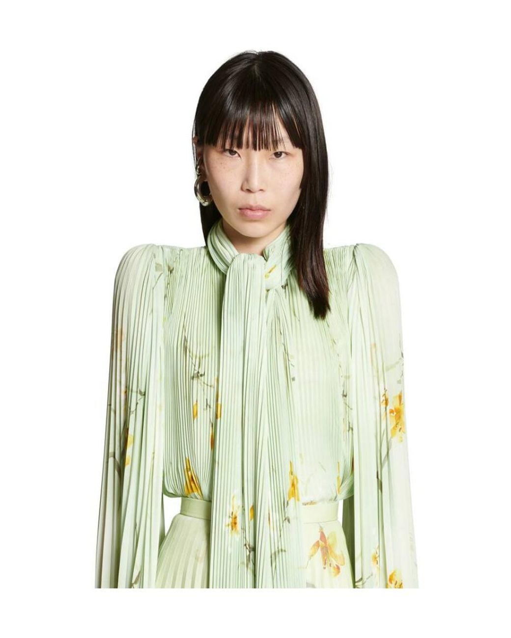 Balenciaga White Floral Printed Pleated Blouse Top