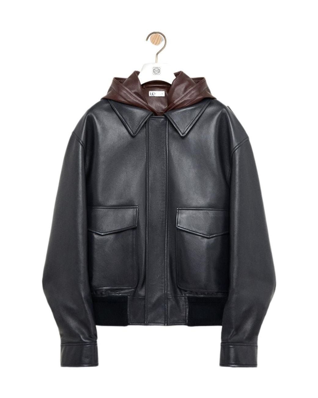 Loewe Black Hooded Leather Jacket for men