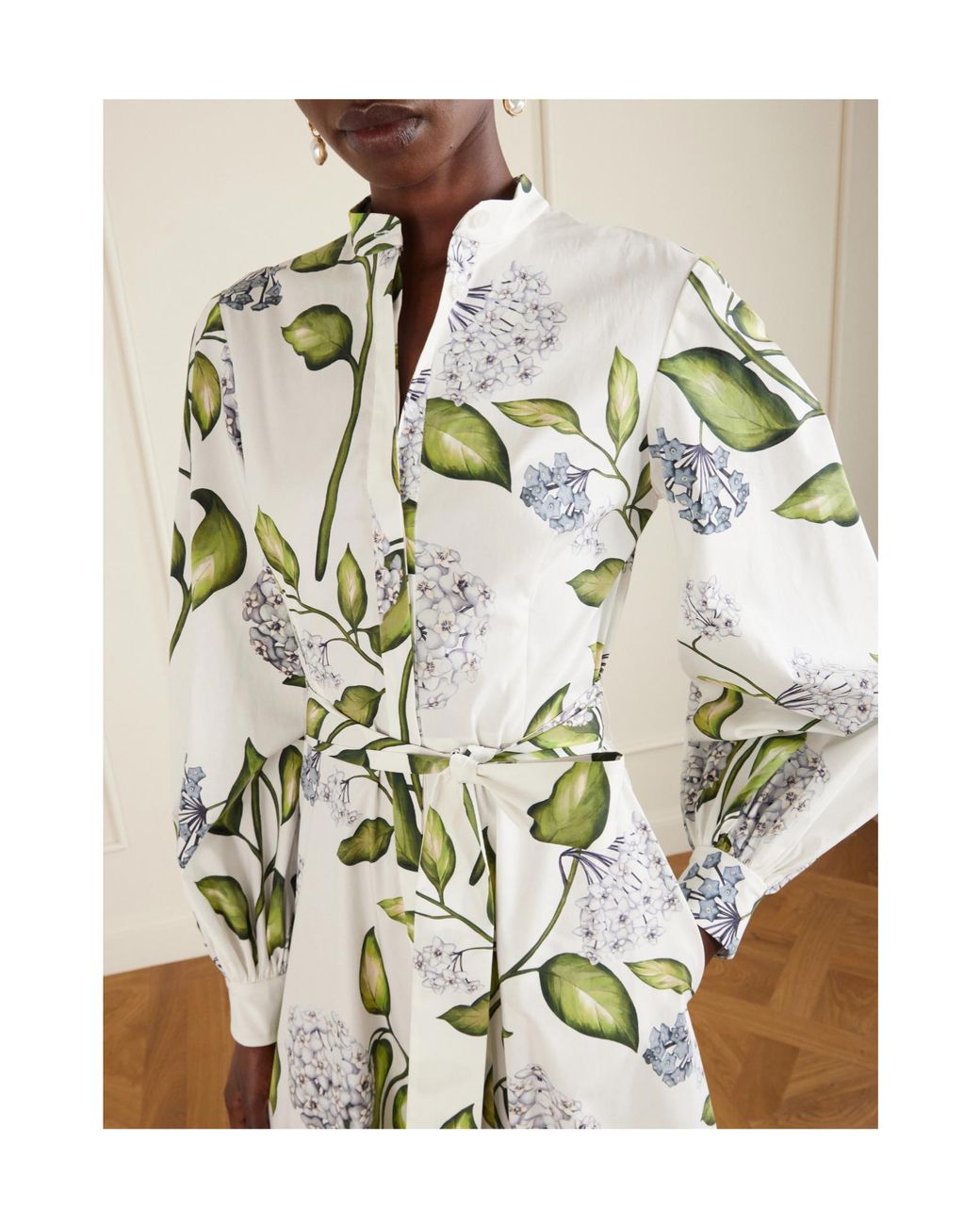 Oscar de la Renta Green Belted Floral-Print Cotton-Poplin Dress