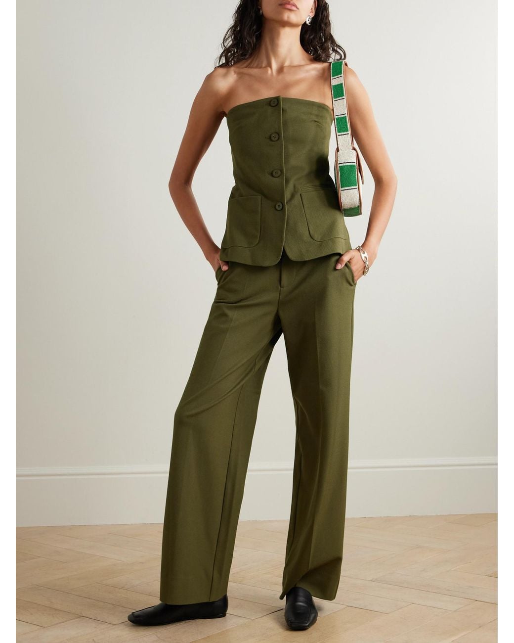 Staud Green Strapless Twill Bustier Top