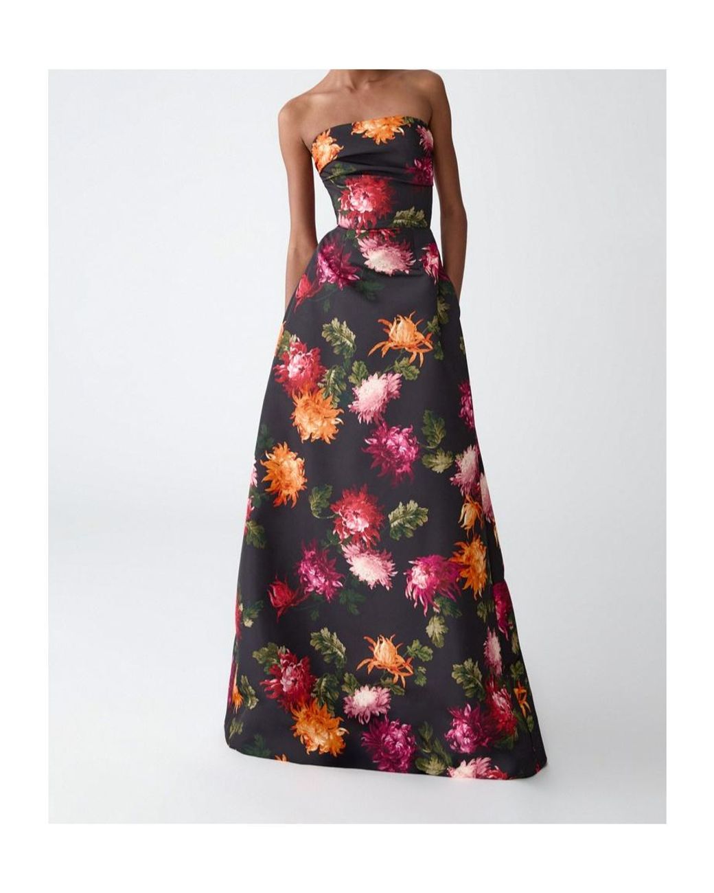 Carolina Herrera Red Chrysanthemum-Print Strapless Gown