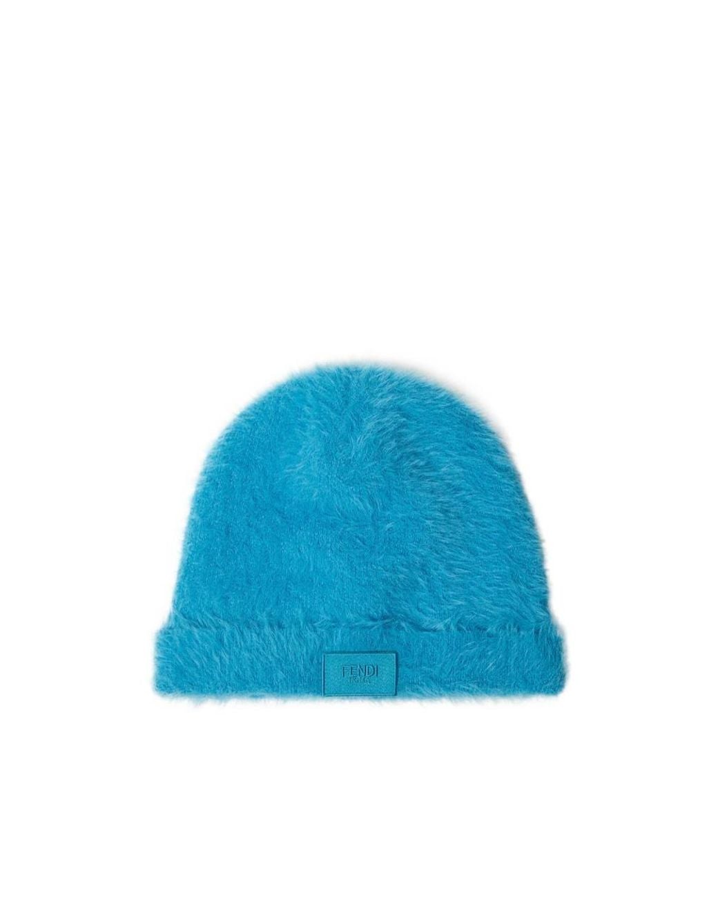 Fendi Blue Logo Patch Turned-Up Brim Beanie for men