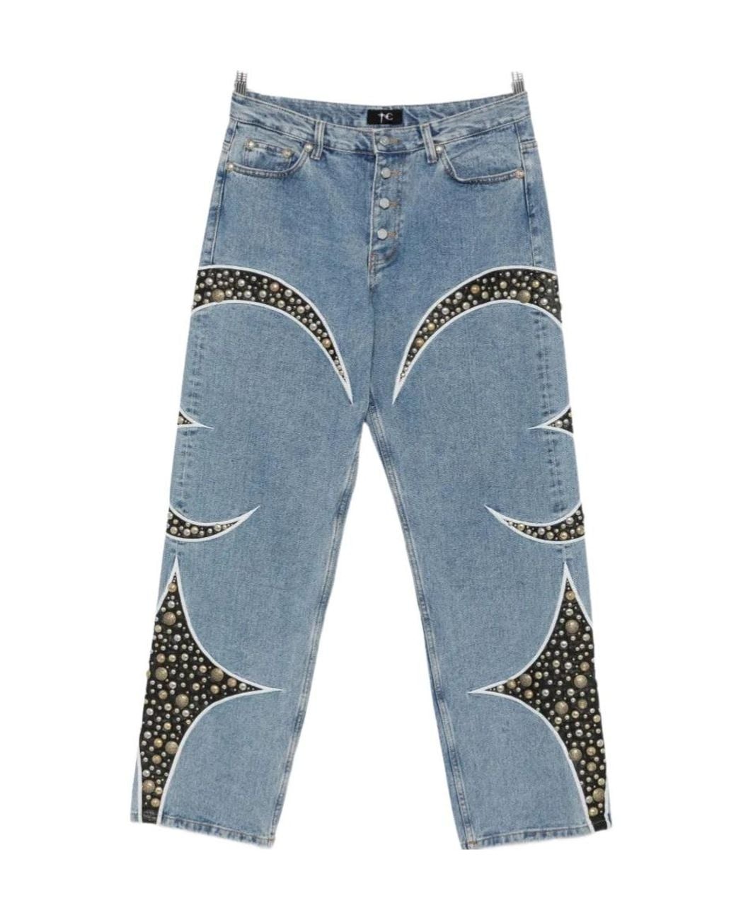 THUG CLUB Blue Studded Straight-Leg Jeans for men