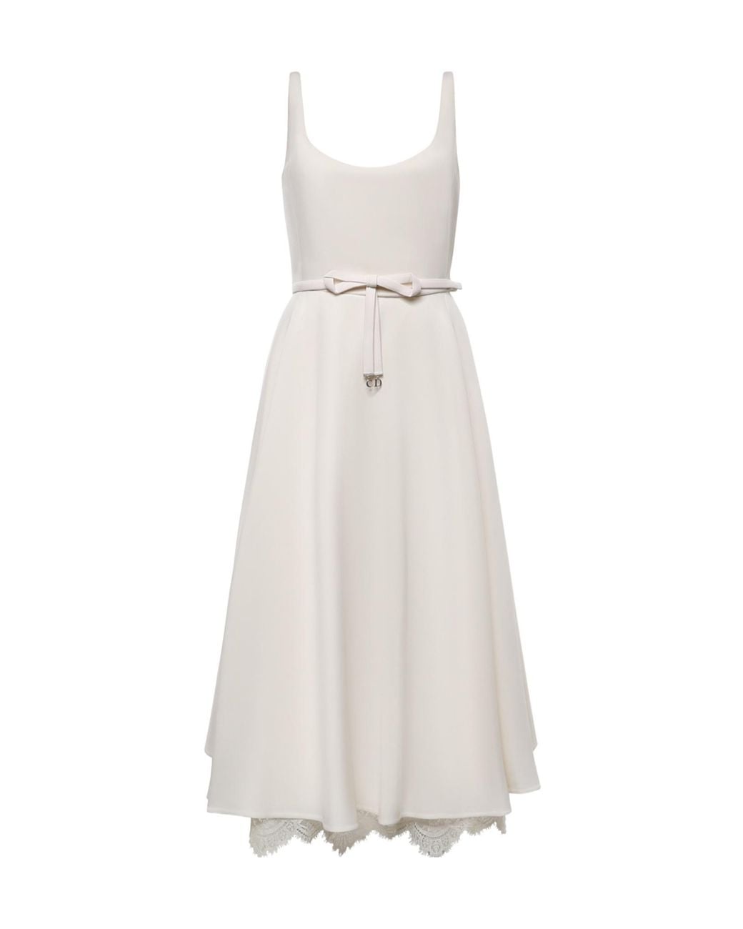 Dior White Belted Lace-Hem Dress