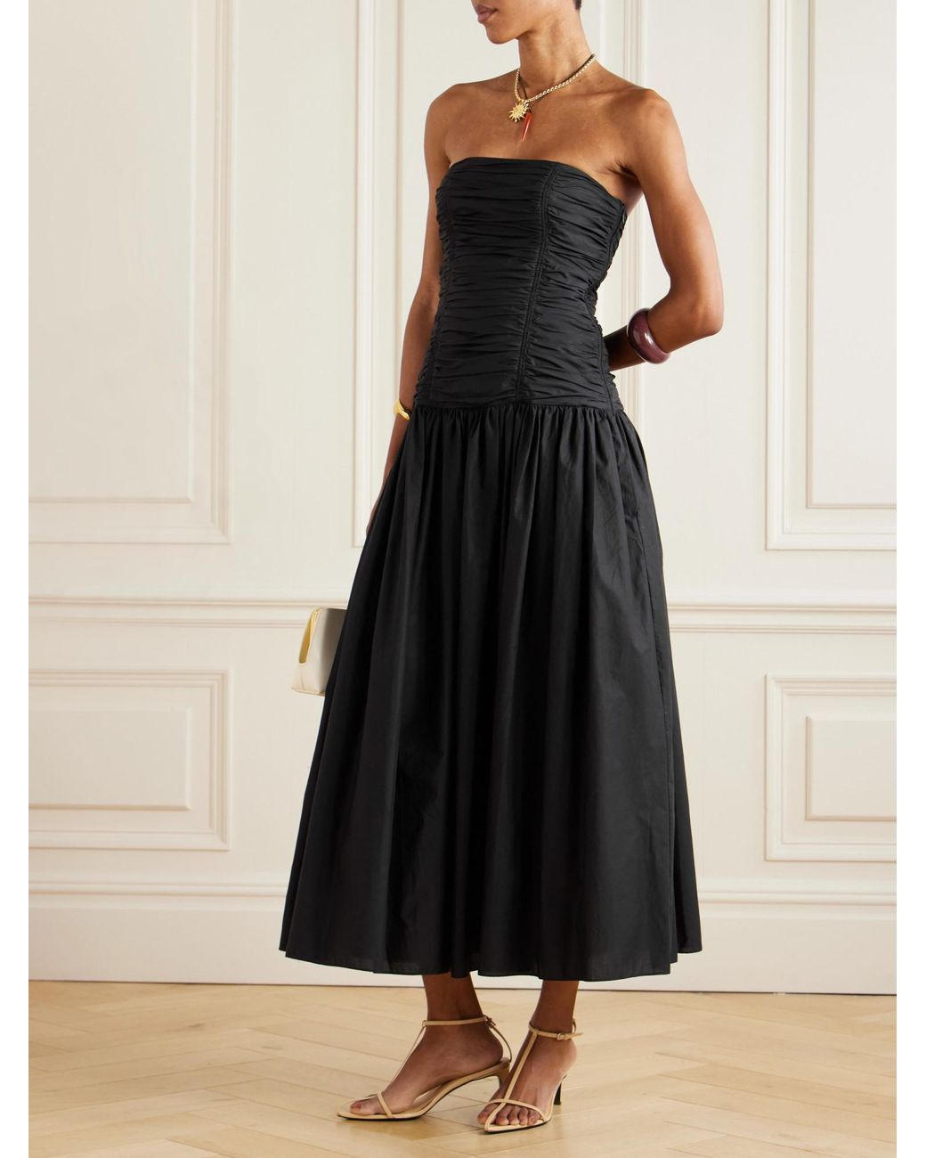 Matteau Black Strapless Ruched Organic Cotton-Poplin Midi Dress