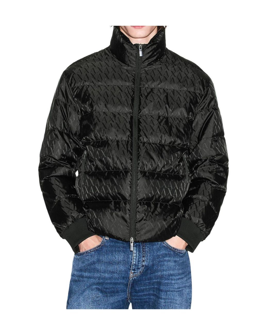 ARMANI EXCHANGE Black Tone On Tone Allover Logo Puffer Jacket for men