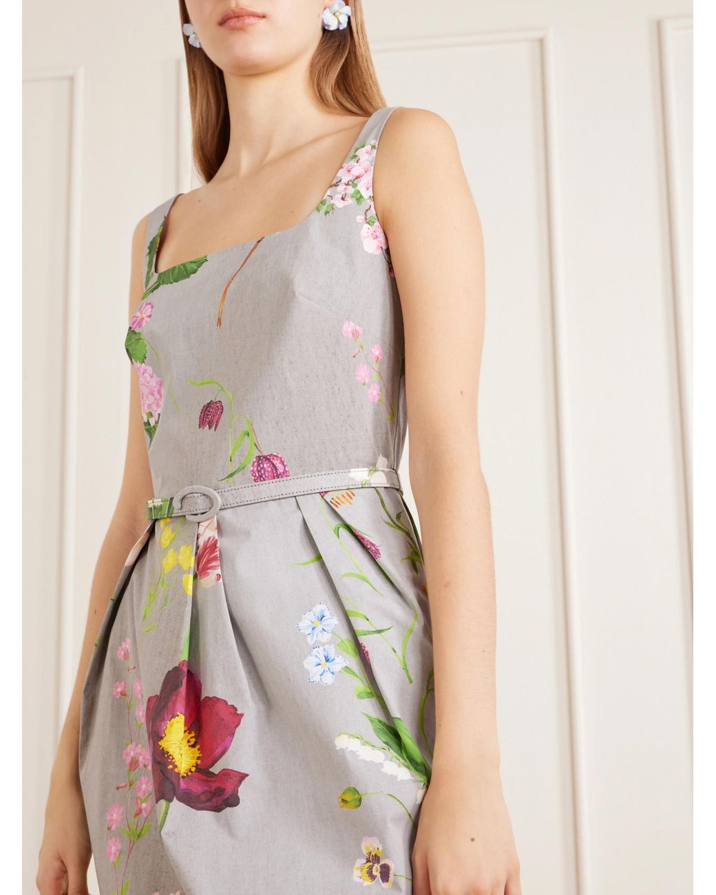 Oscar de la Renta White Floral-Printed Stretch Cotton-Poplin Midi-Dress